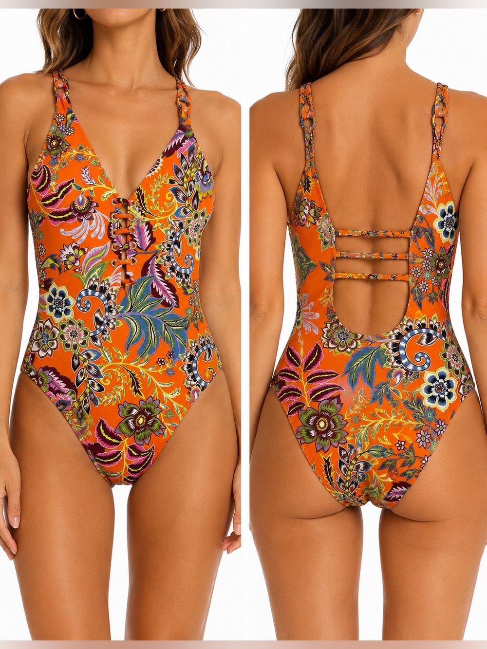 BCBGMaxAzria Orange Floral Lace-Up One-Piece Swimsuit